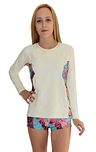 Private Island Women UPF 50+ Long Sleeve Top Swimsuit T-Shirt Rash Guard Workout (XXXL, White wSBP)
