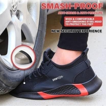 Image of BERKINS Men's Steel Toe Safety Shoes, Black and Red, Mesh and Microfiber Leather, Lace-Up, Lightweight for Work and Construction