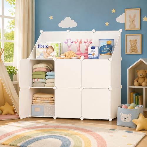 Image of LUHI Plastic Wardrobe for Kids Clothes ? Easy to Use Anti-Skid & Non-Slip Effective Professional, Plastic Cupboard for Kids, Foldable Almirah, Collapsible Wardrobe (White HH2, 7-Shelf-6-Door)
