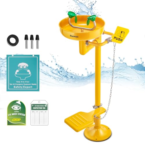 Image of Huanyu Stand Up Eye Wash Station Floor Mounted Eyewash Station Adjustable Water Flow Emergency Eye Washing Station Stainless Steel with Eye Wash Sign Factory (1207-1 Yellow)