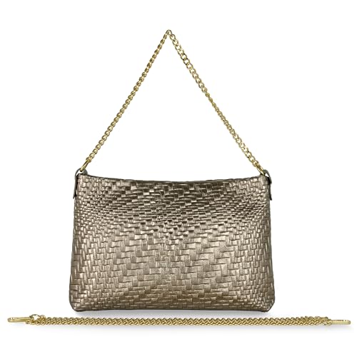 Italian Genuine Metallic Suede Crossbody Bag for Women with Zipper & Chain | Small Woven Shoulder Purse Handbag (Bronze)