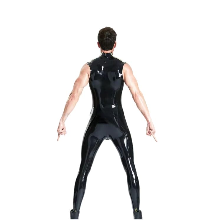 Latex Bodysuit Männlich Neuheit Codpiece Catsuit Cosplay Club Tragen Overall W Schulter Reiß Verschluss Schwarz W Gelb Trim