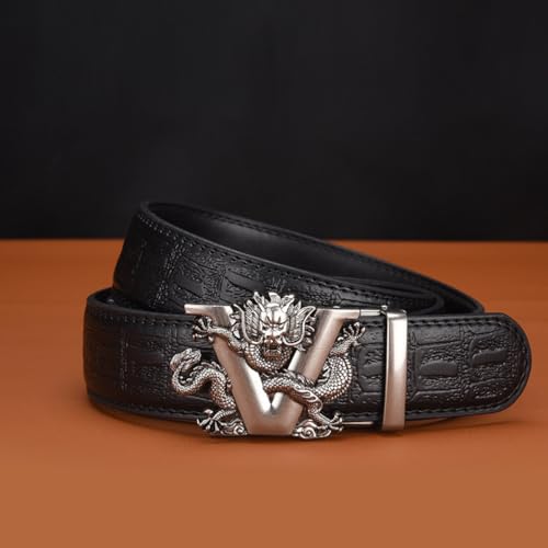 Ratchet Embossed Crocodile Pattern Leather Belt with Engraved V-Dragon Automatic Sliding Buckle Hand Made Strap3