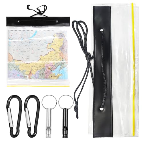 MAXQUU 1 bolsa para tarjetas (27,8 x 30,8 Cm), con 2 silbatos de supervivencia y 2 mosquetones negros, caja de tarjetas impermeable, bolsa de documentos, apta para acampar al aire libre, Negro ,