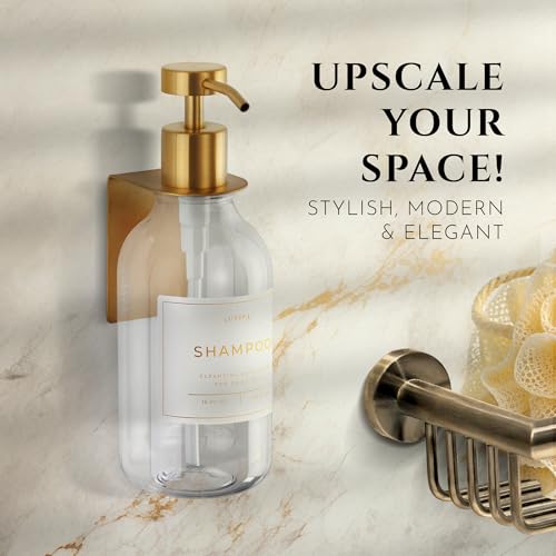 Shower Shampoo Dispenser Wall Mounted – Refillable 16.9 oz Clear Bottle with Stainless Steel Pump & No-Drill Adhesive Holder – Soap Dispenser for Bathroom (1 X Clear/Gold) - image 2