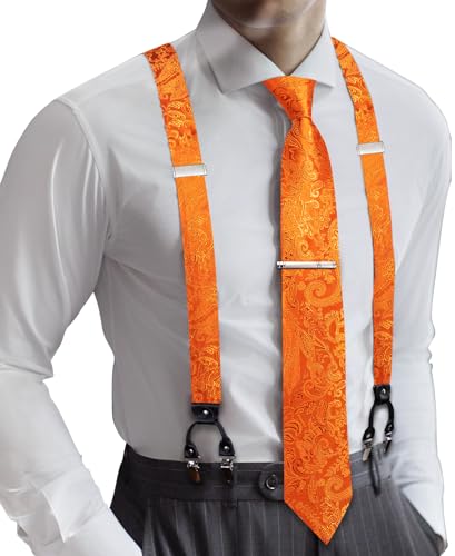Image of Barry.Wang Men Suspender Set with Necktie Elastic Y Type Heavy Duty 6 Clips Braces Tie Handkerchief Cufflink Pin 6PCS, Solid Light Orange Floral