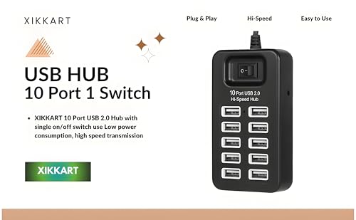 Image of 10-Port USB 2.0 Hub for PC Laptop Mobile | High-Speed Multi USB Adapter | Fast File Transfer 480Mbps | Plug & Play | Charging Hub | Portable Desktop USB Splitter | Windows Mac Compatible