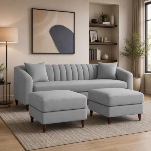Image of Doraldo 3 Seater Sofa Set with 2 Ottoman for Living Room (Grey) Premium Fabric Sofa