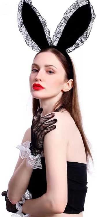 Miniatura 3 de Catery Diadema sexy con orejas de conejo, aro de encaje negro, diadema de velo de encaje negro, disfraz de cosplay, discotecas, mascarada,