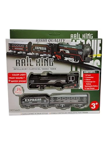 Image of Rechargeable Rail King Train Set for Kids | Real Smoke, Light & Sound | 16-Piece Express Toy Train with Track | Gift for Boys & Girls (3+ Years)