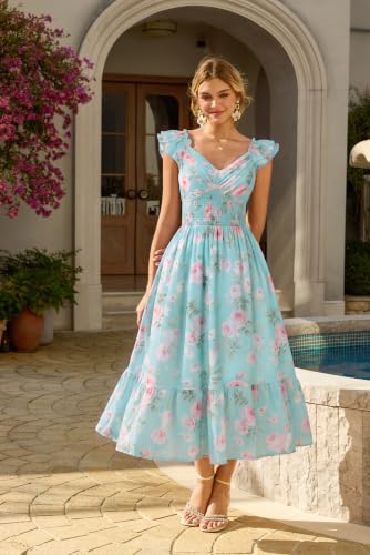 Image of GRACE KARIN Women's Summer Floral Maxi Dress 2026 Ruffle Sleeve Smocked Sundress Flowy Wedding Guest Long Dresses with Pocket
