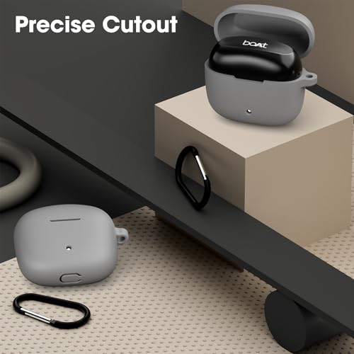 Image of Sounce Earphone Case Cover Compatible for Boat Airdopes 200 Plus, Soft Silicone Skin Case Cover Shock-Absorbing Protective Case with Keychain - Grey