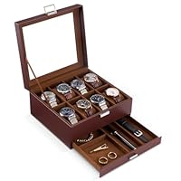 ProCase Caja para Reloj de 8 Ranuras, Estuche Organizador de Relojes de 2 Pisos con Tapa Vidrio Anti-polvo Almacenaje Guardarrelojes para Hombres y Mujeres (Café)