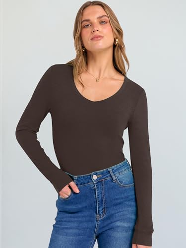 Image of ANRABESS Long Sleeve V Neck Shirts for Women | Soft Comfy Ribbed Knit Fitted Tshirts, Casual Going Out Tops, 2026 Trendy Basic, Fall Winter Underscrub Layering Clothes