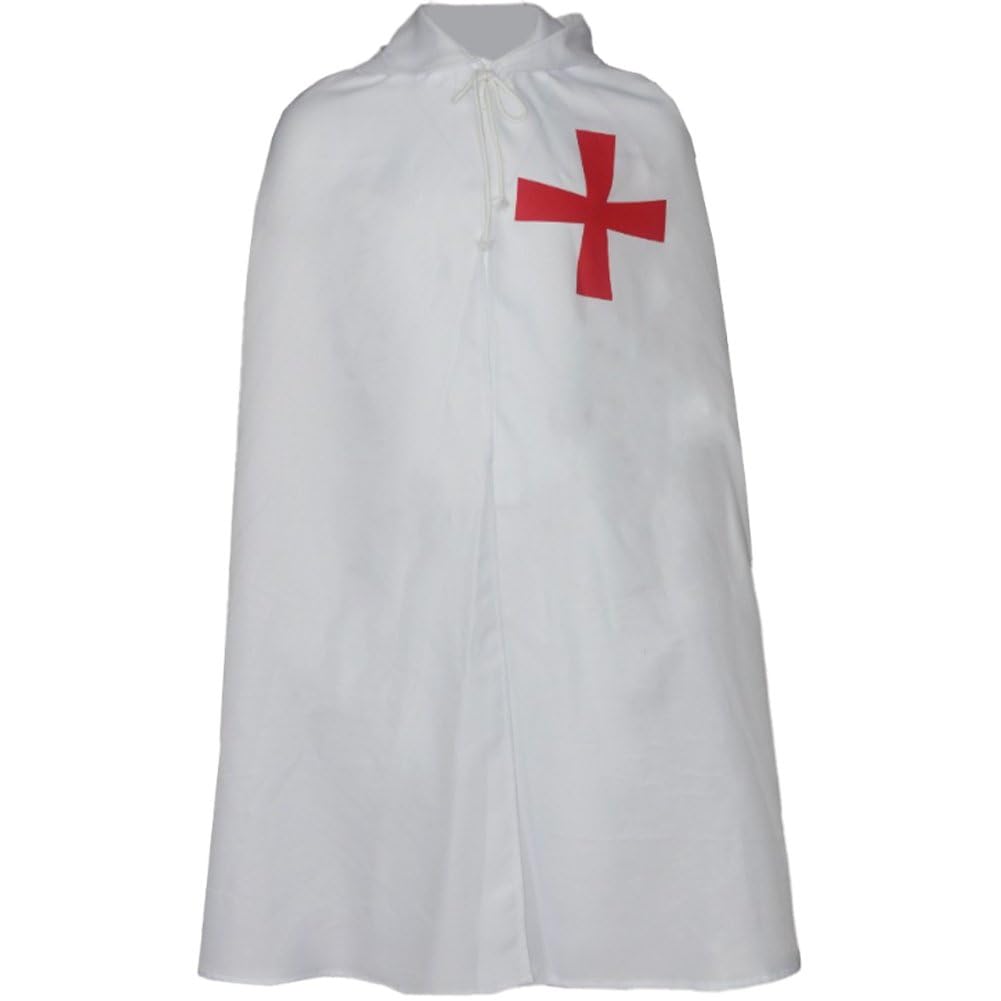 Stakee Medieval Knight Cloak White Templar Cape, Crusader Cosplay Robe, Full Length Hooded Halloween Costume Cape for Adults