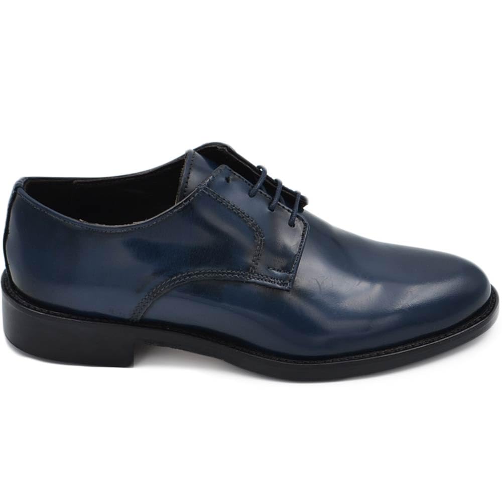 Scarpe Uomo Francesina Inglese Vera Pelle Lucida Blu Made in Italy Fondo Cuoio con Antiscivolo Cerimonia