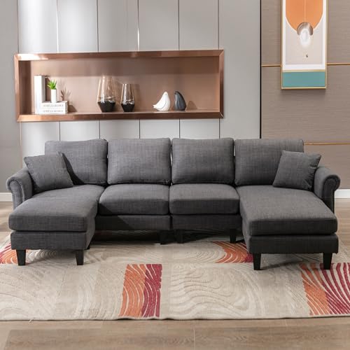 Image of Nathan 6 Seater L Shape Sofa with Centre Table | 6 Seater Sofa Set for Living Room (Nathan Darkgrey, RHS)