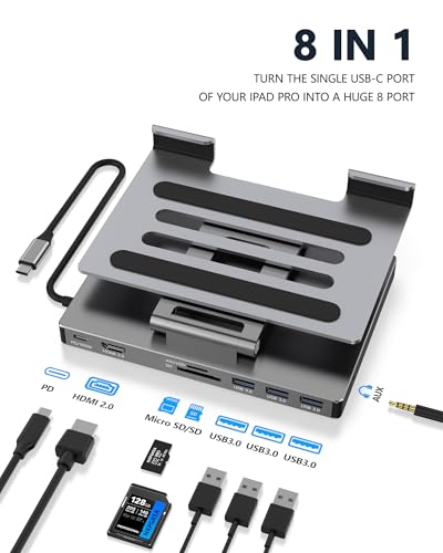 iPad Pro USB C Hub Stand, Adapter for iPad Pro M4 M2 M1 13 12.9 11 Inch iPad Air Docking Station Foldable 4K 60Hz HDMI, PD Charging, SD/TF Card Reader, 3 USB 3.0, 3.5mm Audio, iPad Dock Accessories - Image 3