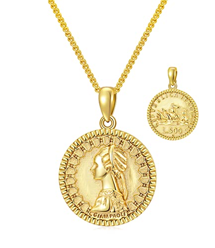925 Sterling Silver 500 Lira Italian Coin Necklace 18K Gold Plated Pendant Birthday Present for Her Wife Grandmother