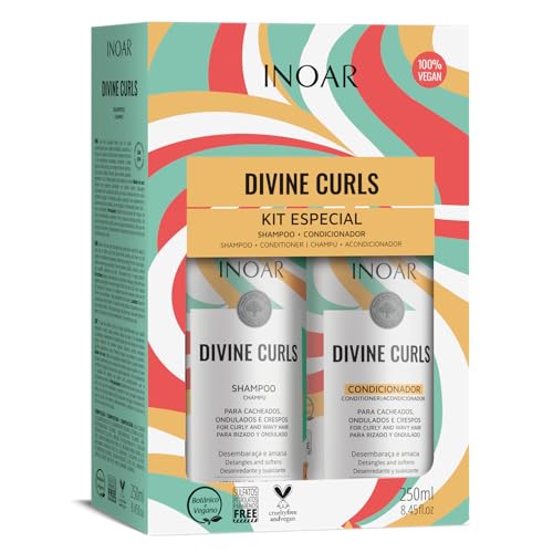 Set de cuidado del cabello Inoar Duo Divine Curls, champú y acondicionador 250 ml, 2 unidades, hidrata y define rizos, adecuado para el pelo rizado, uso una vez a la semana