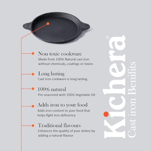 Image of Kichera 10 Inch Pre Seasoned Cast Iron Fish Fry Pan | 2 Loop Handles, 1.5kg Weight | Natural Non-Stick Induction Fish Fry Tawa Pan |Cast Iron Cookware Frying Pan | 25cm Diameter