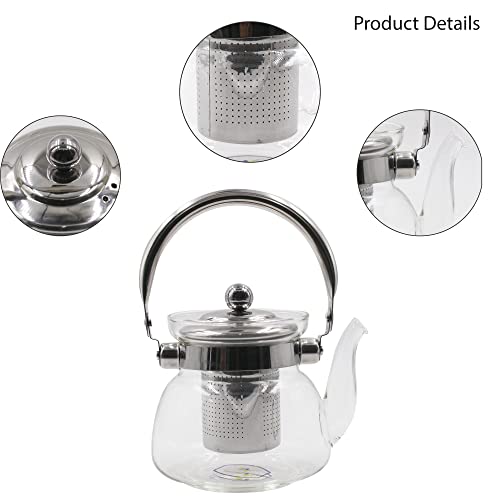 ابريق شاي من الزجاج مع غطاء ومصفاة من الستانلس ستيل سعة 1400 مل