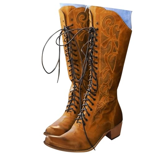 Botas de estilo victoriano para mujer, estilo gótico, vintage de los años 70, con cordones, a media pantorrilla, para Halloween, puntera de almendra, cómodas, tacones gruesos, botas renacentistas