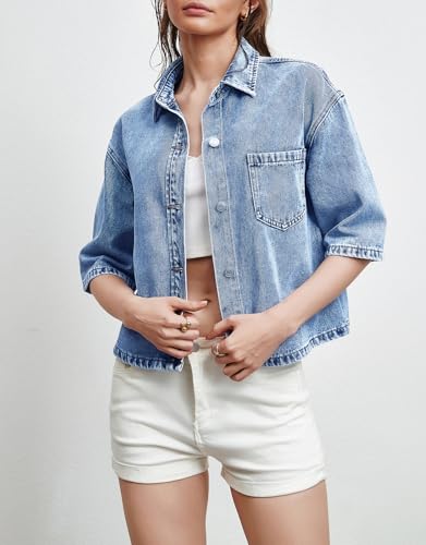 Kedera Women Summer Denim Short Sleeve Shirt 2025 Button Down Casual Turn Down Collar Jean Tops Trendy Jacket Shacket4