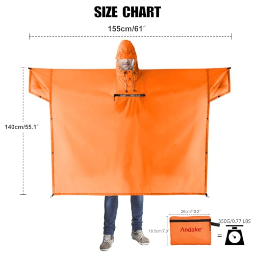 Image of Andake Waterproof Rain Poncho for Adults Unisex,230T Ripstop Polyester,Raincoat Gear with Transparent Viewing Window Outdoors