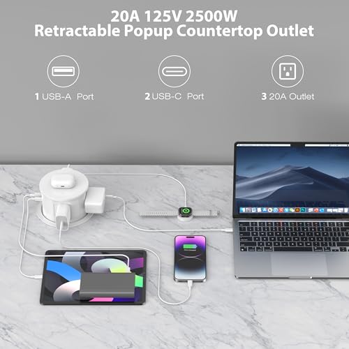 ANNQUAN 4.7 20amp Pop Up Countertop Outlet Wireless Charger 65W USB White