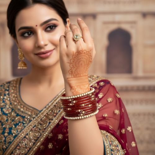 Image of SUNDRAM Women's Premium Fancy Glass Bangles for Women & Girls |with Zircon Gemstone Work & Charm| Traditional Ethnic Bangles Set of 12