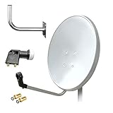 Spiegelgrösse: 55 x 60cm ; Reflektorform: Oval ; Farbe: lichtgrau beschichtet / lackiert ; Material Spiegel: rostfreier Stahl ; Material Rückenteil: Stahl ; 2 x Mastschelle zur sicheren Montage ; Material Feedarm: Stahl in Spiegel lackiert ; Material LNB Aufnahme: Kunststoff ; Durchmesser Feedaufnahme: Standart 40 mm ; Mastaufnahme: Ø 25 - 49 mm ; Elevationseinstellung / Höhenausrichtung: 25° - 90° ; Empfangsfrequenz: 10.70 - 12.75 GHz ; KU-Band Antennen-Gewinn: 34.8 dB - 36.8 dB