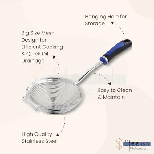 Image of Stainless Steel Jhara for Frying Big Size | Deep Fry Mesh Skimmer Spoon for Frying | Wire Skimmer, Puri Strainer, Cooking Oil Strainer for Kitchen, Durable Long Blue Handle - 16CM, Pack of 4