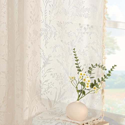 JOOJA Boho Lace Curtains 84 Inch Length 2 Panels Beige Sheer Floral Leaf with Tassels, Semi Blackout Privacy Curtains for Bedroom & Living Room Beige 52