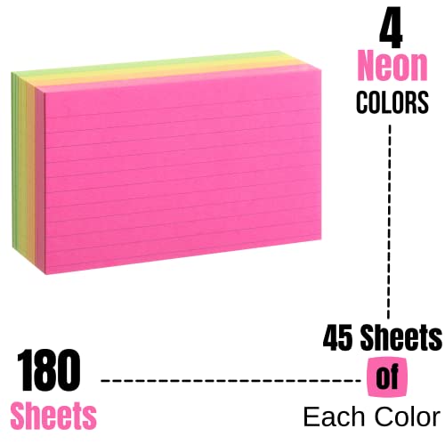 Mr. Pen Lined Neon Study Cards - 3x5, 180 Cards - Ruled Flashcards for Studying