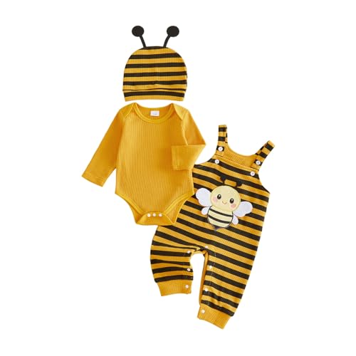 XIXIMAON Baby-Outfit mit Bienen-Motiv, einfarbig, langärmelig, Waffel-Strampler, Tier-Patchwork, gestreift, Strapshose, Mütze, Set, Honigbienenen-Set, Neugeborene, Halloween-Outfits, gelb, 12-18