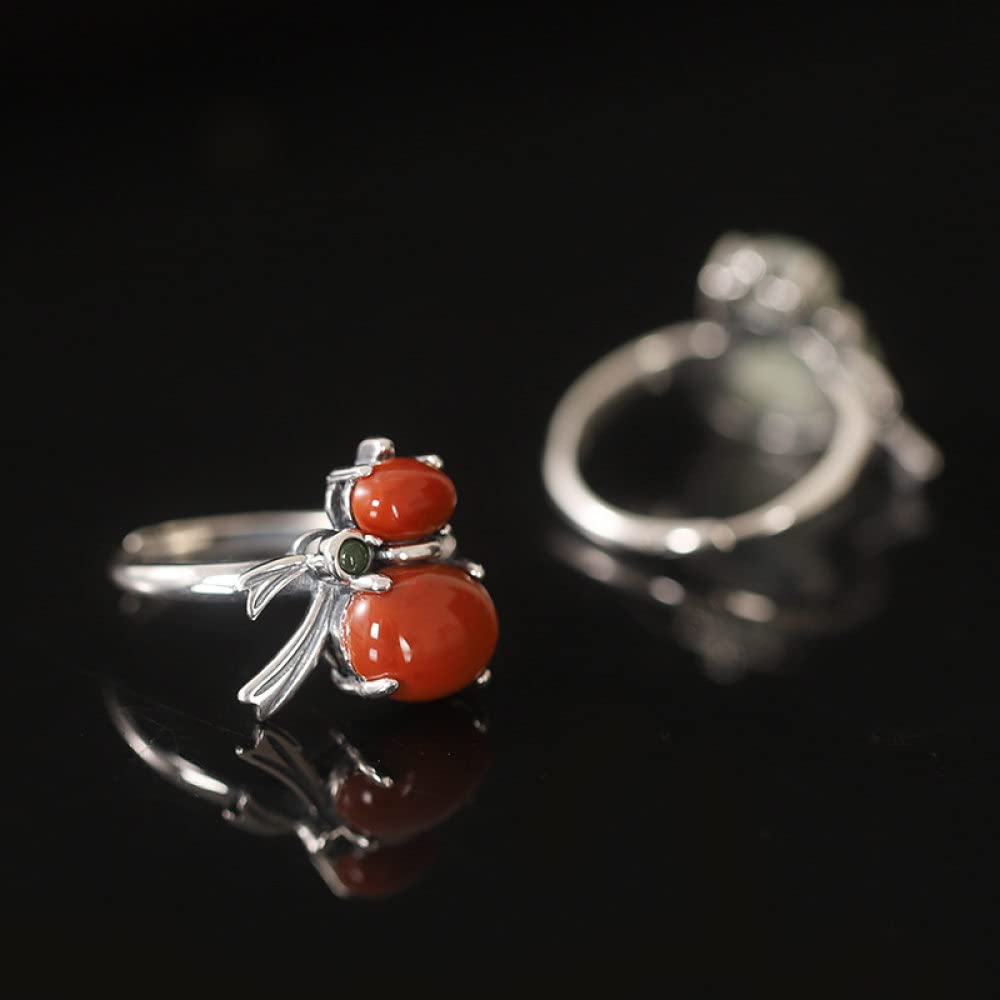 HGJH Silberringe Damen 925,925 Sterling Silber Kürbisform Ring Natürlicher Runder Roter Achat Vintage Micro Inlay Verstellbare Ringe Edelstein Energie Charme Hochzeit Schmuck Geschenke Für Männer Dam