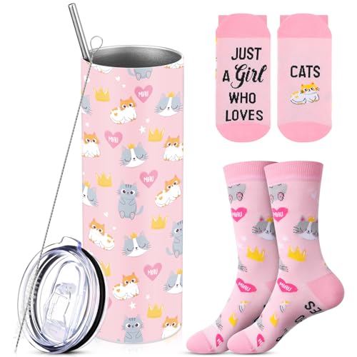 Funnymoom 2 Pack Cute Cat Themed Gift for WomenTumbler Socks Set