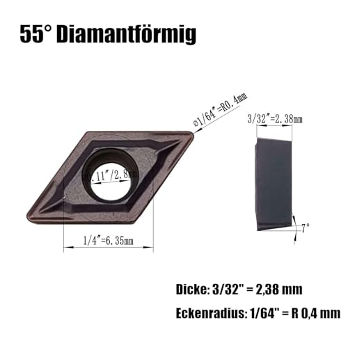 Zouzmin Wendeschneidplatte DCMT21.51 DCMT070204 Außendrehwerkzeughalter 0.84 cm, 0.95 cm, 1.27 cm, 1.58 cm SDJCR07 Drehwerkzeuge (20 Stück DCMT070204 grau)