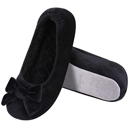Evshine Ballerina Slippers For Women, Velvet Ballet Bedroom Slipper Closed Back Indoor Home Shoes With Bow, Black, Size 8-8.5 #TOP1
