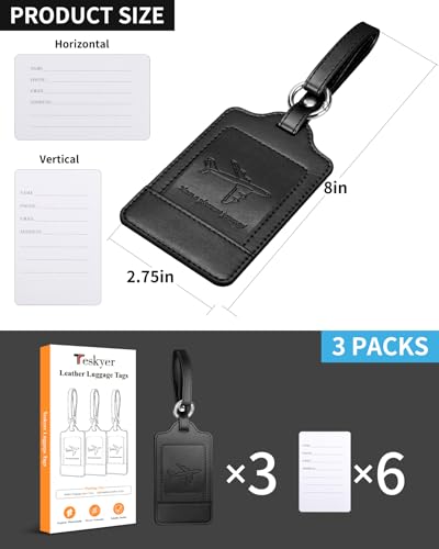 Teskyer Luggage Tags, 3 Pack PU Leather Luggage Tags for Suitcases, Privacy Protection Bag Tags Travel Essentials, Black - Thumbnail 6