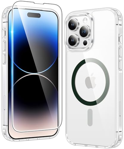 FNTCASE for iPhone 14 Pro-Max Case: Clear Magnetic Phone Cases Compatible with Magsafe Slim Anti Yellowing Military Grade Drop Protection Rugged Protective Transparent Cell Phone Cover (D-Green)