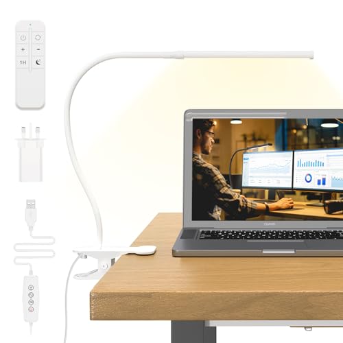 Mojimdo 77 LED Lámpara de Escritorio Regulable con Mando a Distancia [3 Modos de Color y 10 Niveles de Brillo] Cuello de Cisne Flexible de 40CM con Adaptador USB, Flexos de Pinza para Hogar