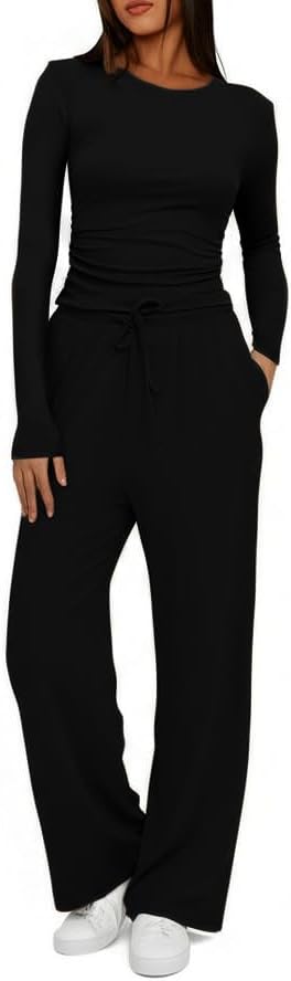 Arolina Two Matching Sets Airport Outfits for Women 2025 Travel Outfits Elasticity Crop Top & Easy Wide Leg Pants