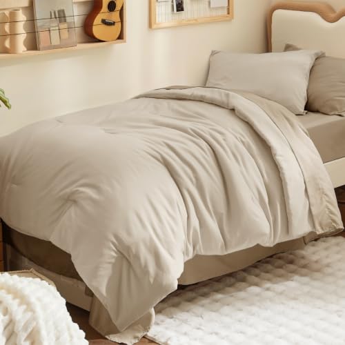 Bedsure Twin Bed Comforter Set - 5 Pieces Light Beige Bedding Set 68"x88"