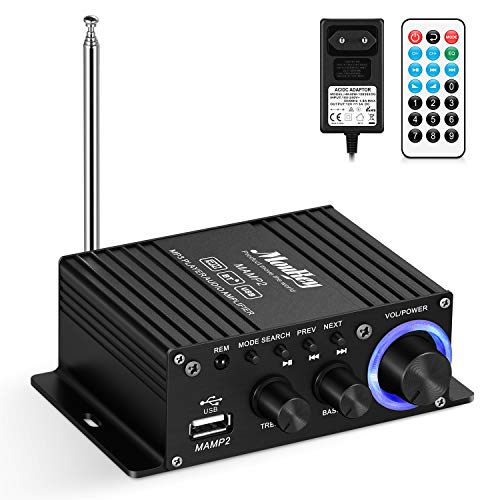 Moukey Amplificateur Stéréo Mini Ampli Sans Fil 50W Double Canal avec USB, AUX, FM, Télécommande