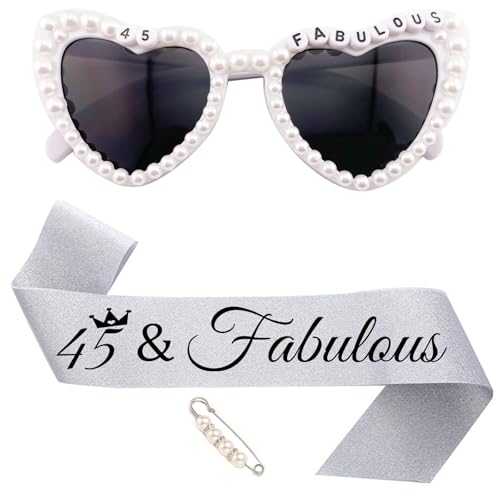 JOUWUI 45 Fabulous Heart Sunglasses, 45th Birthday Decorations for Her, White Pearl Rhinestone Heart Glasses, Birthday Glitter Silver Sash For 45th Women, Birthday Gifts