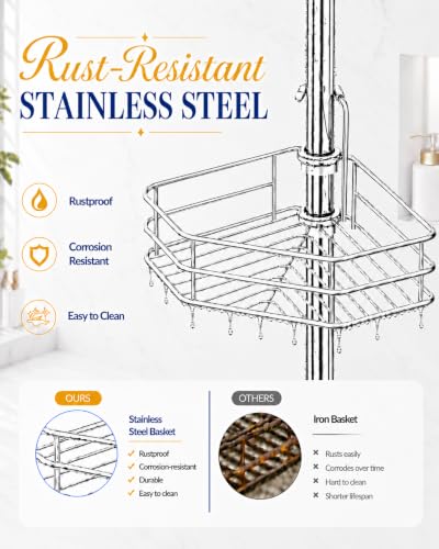SEIRIONE Corner Shower Caddy Tension Pole, Quick Setup, Rust-Free Bathroom Shower Organizer Corner for Bathtub Shampoo Storage, 4-Tier Adjustable Shelf, Drill Free, Fits 34 to 116 Inch Height, Chrome - Image 3