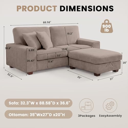 Image of DOPEDIO L-Shaped Sectional Sofa with Storage Ottoman, Modern Chenille Recliner Loveseat, Removable Couch Covers, Pocket Spring Cushions, Solid Wood Frame, Easy to Install (88.58inch, Brown)
