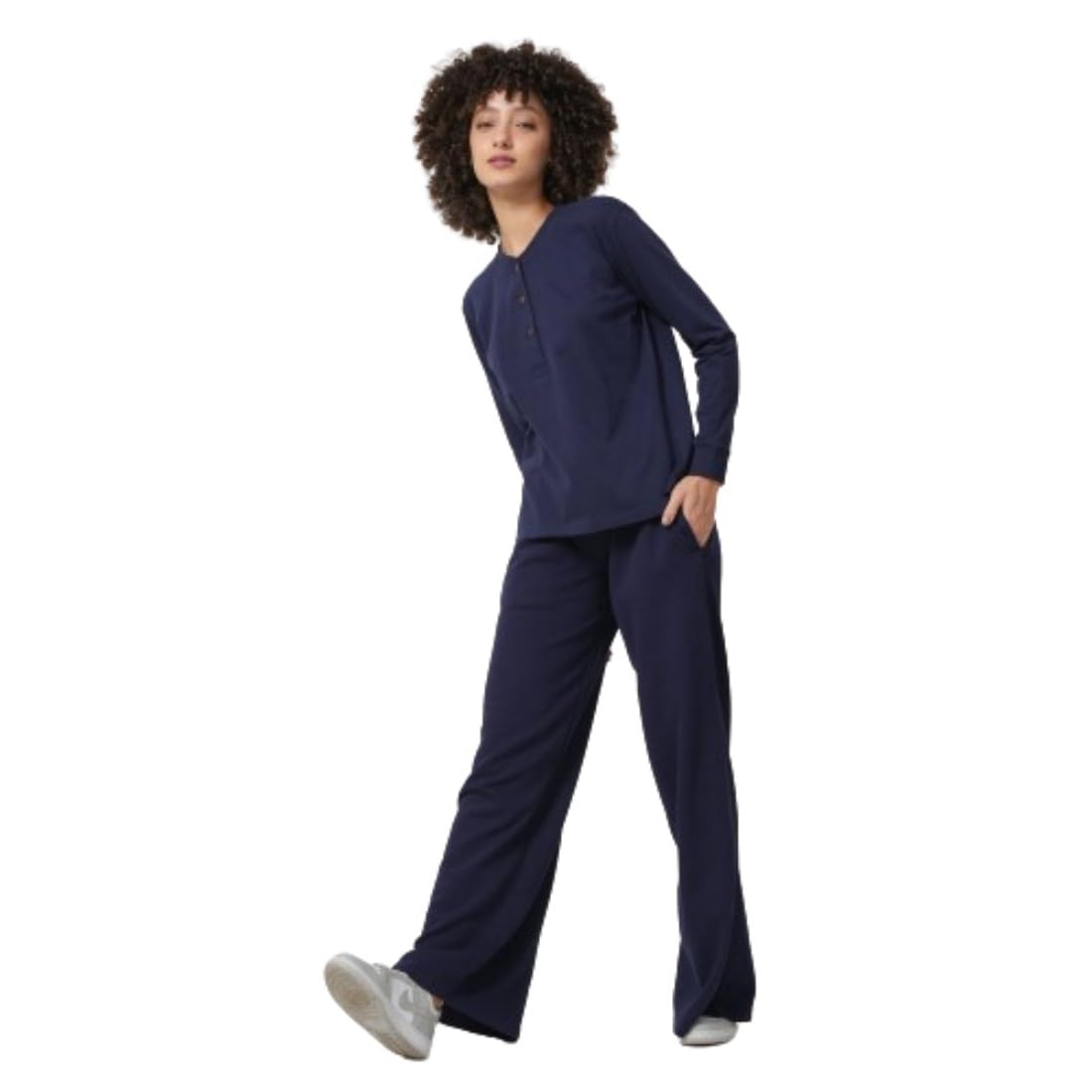 Saltpetre Women Organic Cotton Solid Navy V-Neck T-shirt with wide leg Joggers Co-Ords Set